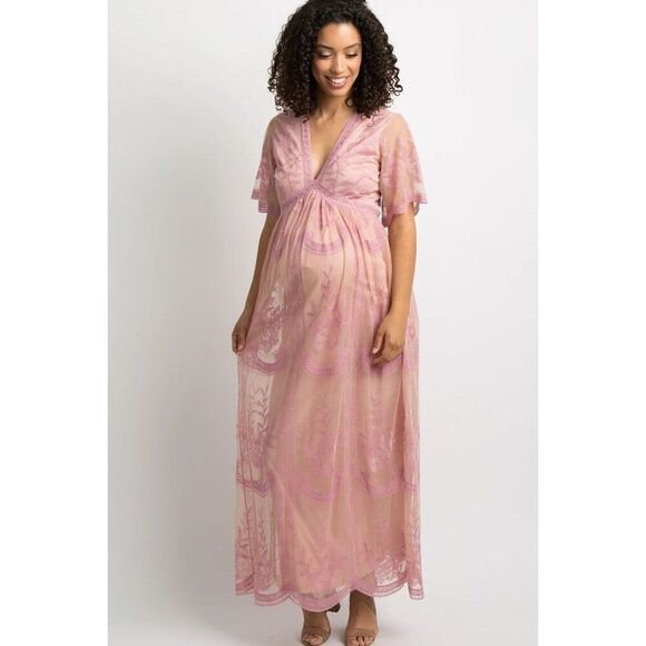 Pinkblush Pink Lace Mesh Overlay Maternity Maxi Dress NWT Womens Size M Medium - Picture 1 of 16